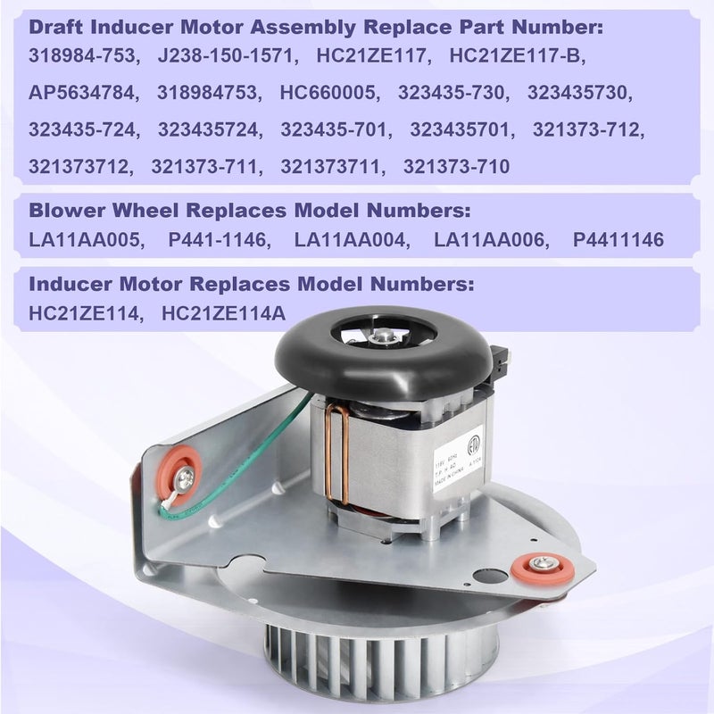 Aibabcue Furnace Draft Inducer Motor Assembly for Carrier, Bryant, Payne, Jakel Furnace 318984-753 HC21ZE117 HC21ZE114A LA11AA005 Inducer Motor Blower Wheel with Mounting Bracket Kit Replacement Parts - Image 3